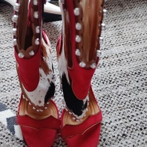 AKIRA Red Cowhide Studded High Heels